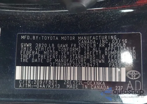 2016 Toyota Corolla Le из США, поврежденный, VIN 2T1BURHE2GC629471